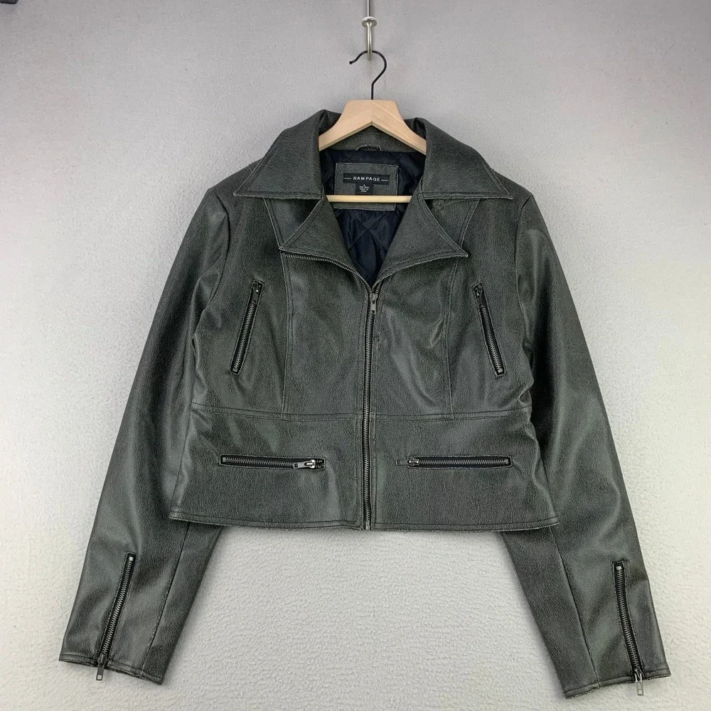 Vintage Rampage Faux Leather Moto Jacket Women Large Gray Biker Y2K Cropped - Picture 1 of 9